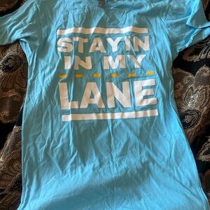 Blue Graphic Tee with White and Yellow Print